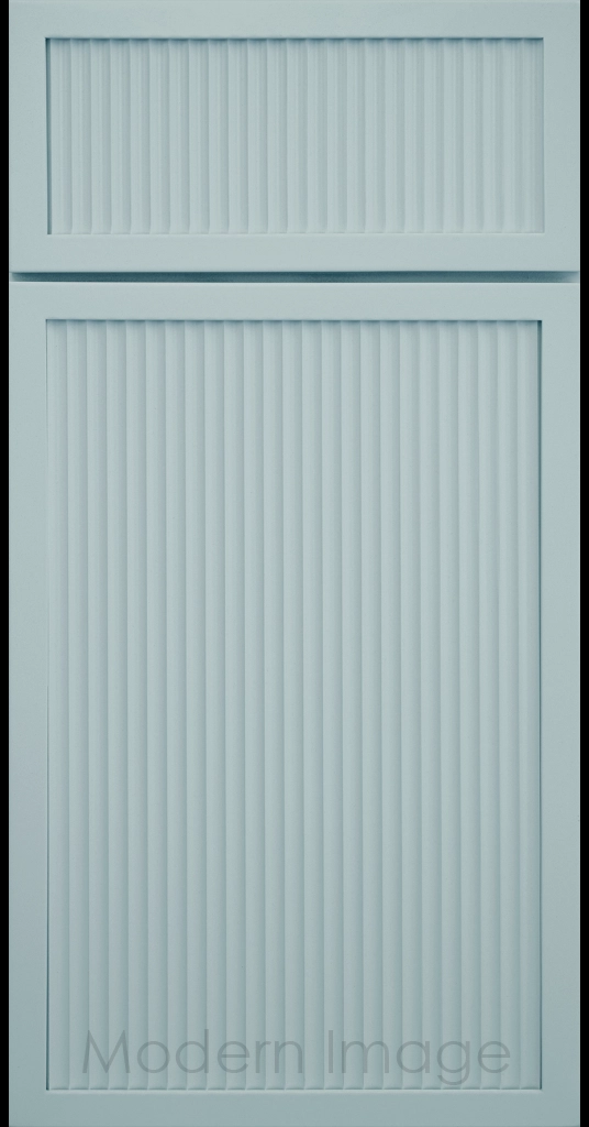 Niebla Azul color Arcadia Cove Cabinet Door featuring a Narrow Frame and Fluted Center Panel.